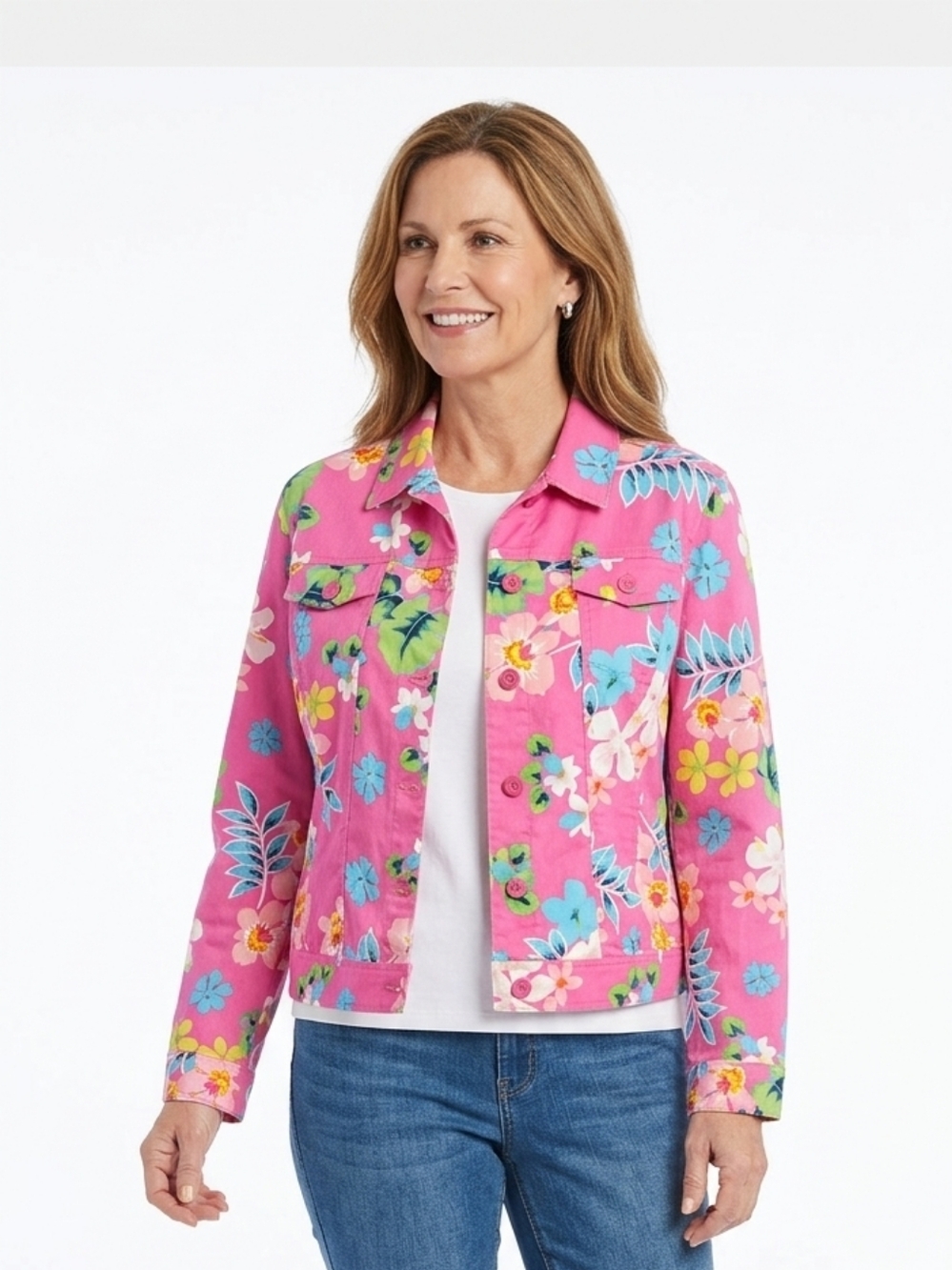 Mirette Pink Jacket With Blue , Green And Yellow Floral Pattern Size Large